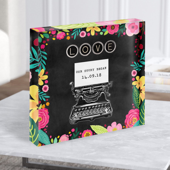 Typewriter Pink Blue Chalk Floral Our Story Square Gift Acrylic Block