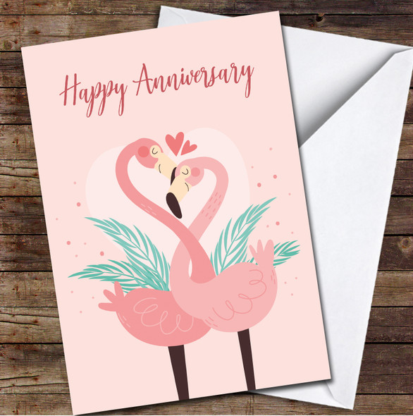 Happy Anniversary Flamingo Illustration Love Birds Pink Heart Personalised Card