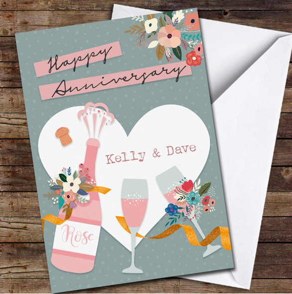 Champagne Bottle Two Glasses Happy Anniversary Names Floral Personalised Card