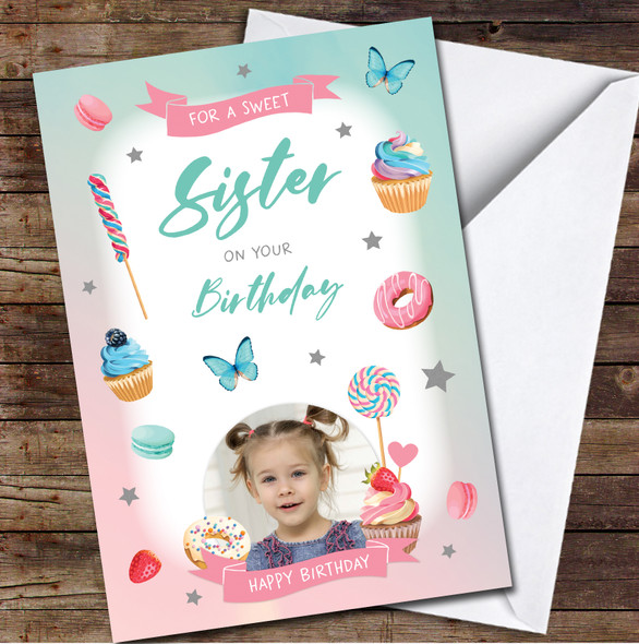 Sweet Sister Birthday Sweet Candy Pink Blue Photo Personalised Card