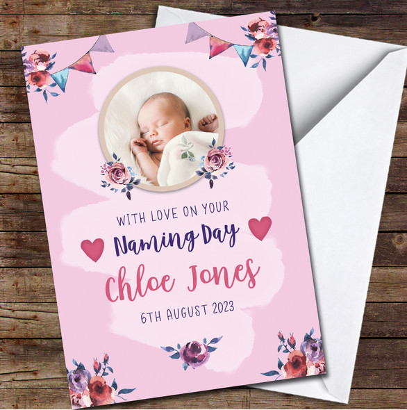 With Love Your Naming Day Pink Purple Flowers Baby Girl Photo Personalised Card