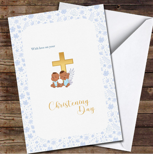 Blue Flowers Golden Cross & Dark Skin Baby Boy Twins Personalised Card