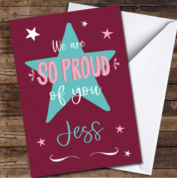We Are So Proud Of You Typographic Star Red Passing Exams Personalised Card