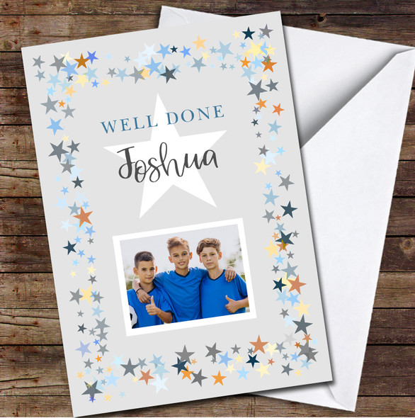 Well Done Stars Blue Photo Congratulations Any Occasion Personalised Card