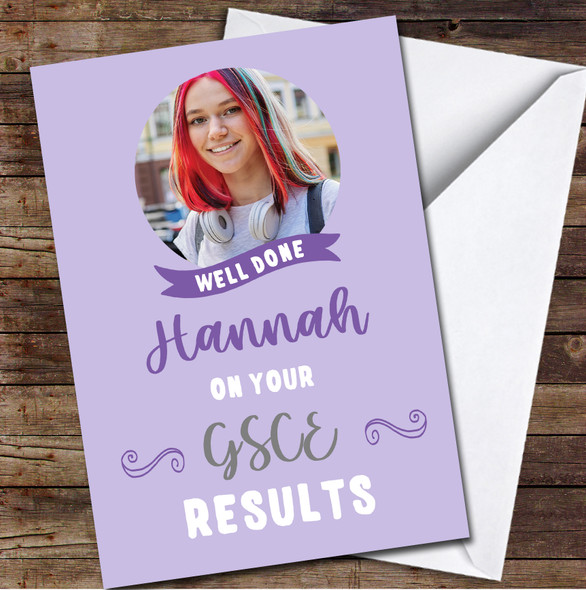 Well Done On Your GSCE Results Exams Purple Photo Personalised Card