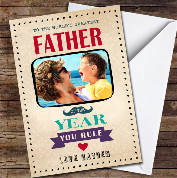 Vintage Father Of The Year Day & Photo You Rule Fathers Day Personalised Card