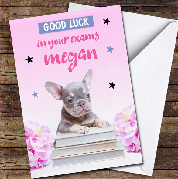 Good Luck in Your Exams Cute Puppy Books Pink Flowers Floral Personalised Card