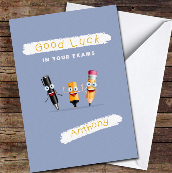 Blue School Accessories Pen Pencil Good Luck In Exams Name Personalised Card