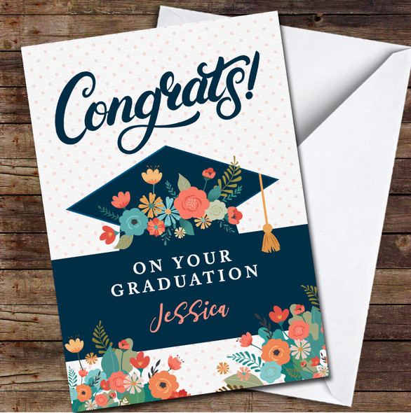 Bright Floral Congratulations Navy Graduation Cap Name Personalised Card