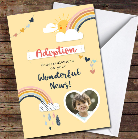 Adoption Congratulations Wonderful News Rainbow Yellow Photo Personalised Card