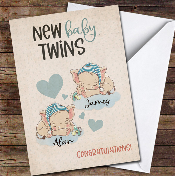 Retro New Baby Boy Elephants Baby Twins Names Congratulations Personalised Card