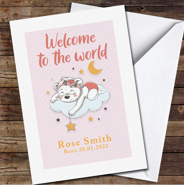 Pink Cute Bear Sleeping On Cloud New Baby Newborn Name Date Personalised Card