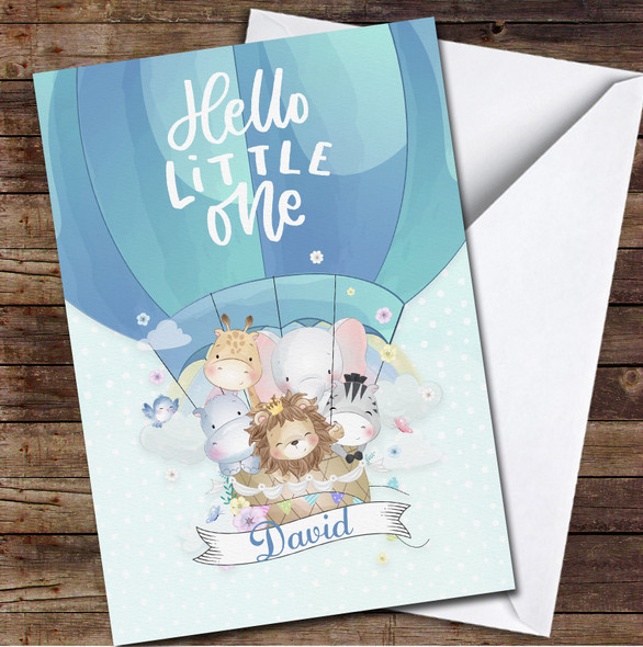 Baby Animals In Air Balloon New Baby Newborn Hello Blue Personalised Card