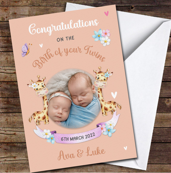 Congratulations Birth Twins New Baby Giraffe Photo Cute Personalised Card