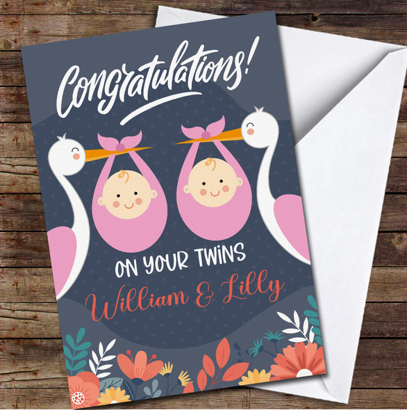 Storks With New Baby Girl Twins Congratulations Names Personalised Card