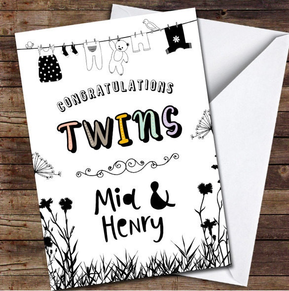 New Baby Newborn Congratulations Twins Washing Line Personalised Card