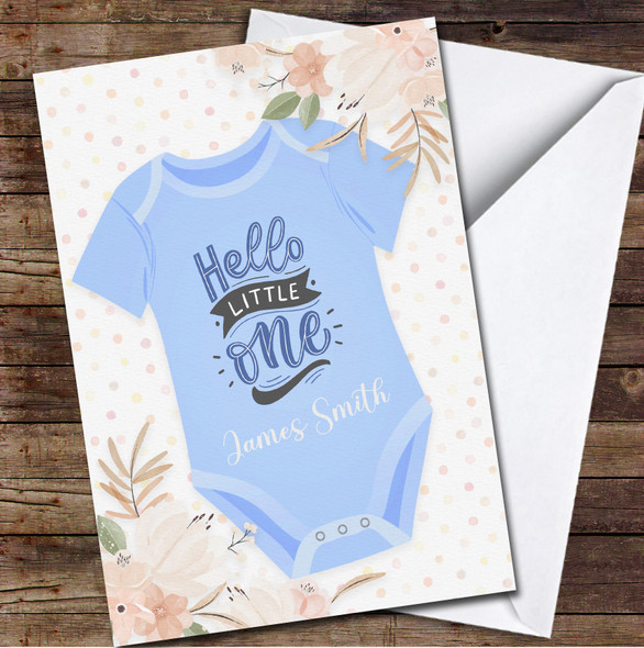 Blue Baby Grow New Baby Newborn Floral Hello Name Personalised Card