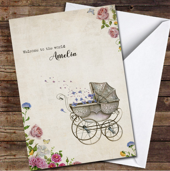 New Baby Retro Carriage Welcome To The World Name Personalised Card