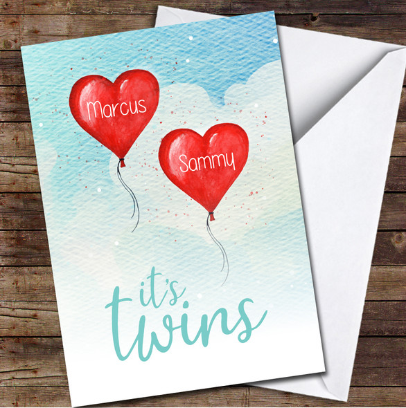 Heart Clouds New Babies Newborn Twins Name Personalised Card