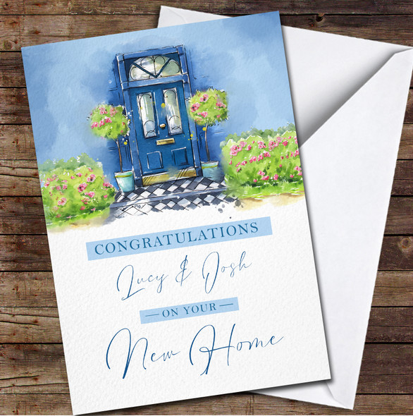 New Home Congratulations Front Painted Blue Door Names Personalised Card