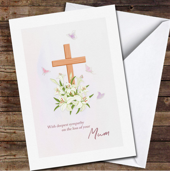 Cross With White Lilies Butterflies Deepest Sympathy Loss Personalised Card