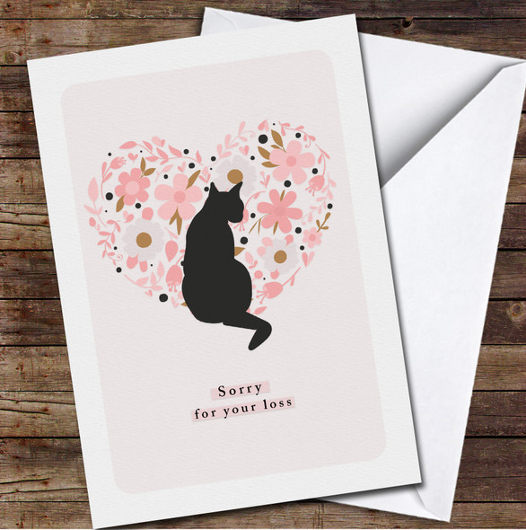 Cat Silhouette With Floral Heart Sorry For Loss Sympathy Personalised Card