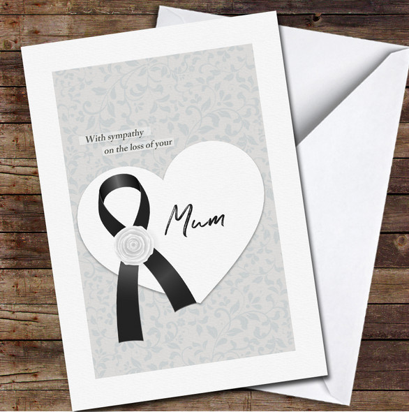 Black Ribbon With White Rose Flower Sympathy Loss Personalised Card