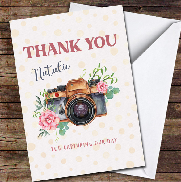 Retro Watercolor Floral Camera Thank You Wedding Photographer Personalised Card