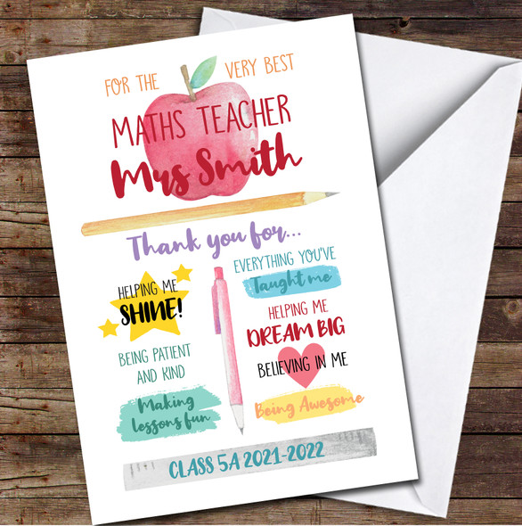 Best Teacher Thank You List School Leavers Apple Class Pupil Personalised Card