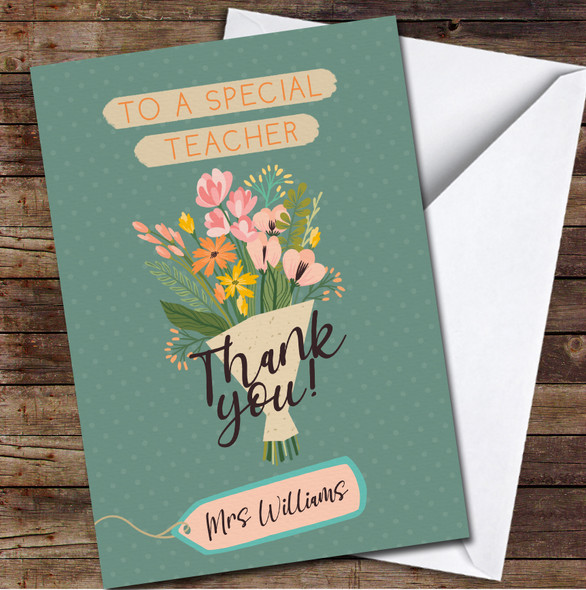 Green Polka Dot Bunch Of Flowers Special Teacher Thank You Personalised Card