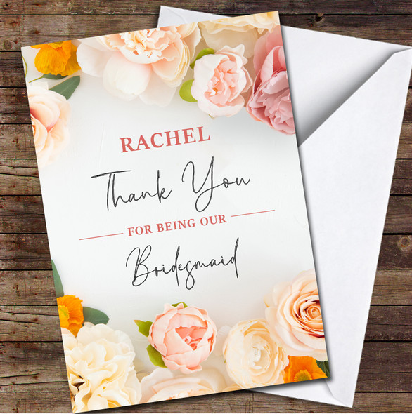 Thank You Bridesmaid Wedding Day Flowers Floral Pink Peach Personalised Card