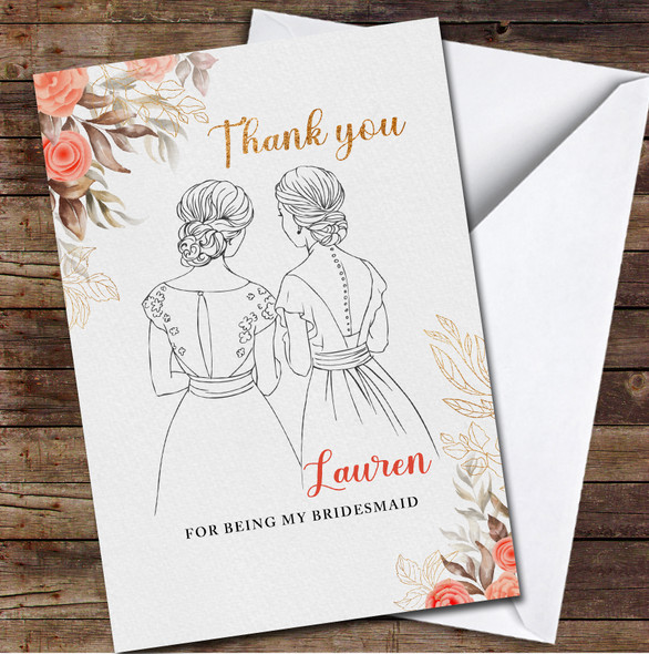Floral Line Drawing Thank You Sparkle Bridesmaid Personalised Card