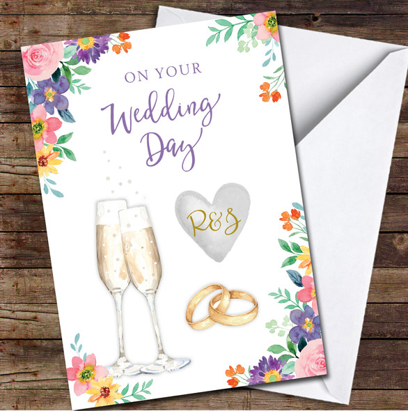 On Your Wedding Day Bright Flowers Floral Flutes Rings Married Personalised Card