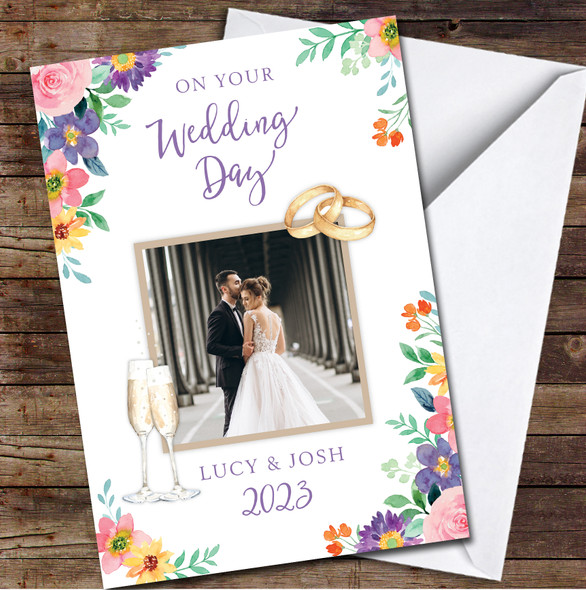 Wedding Day Bright Flowers Floral Flutes Rings Married Photo Personalised Card