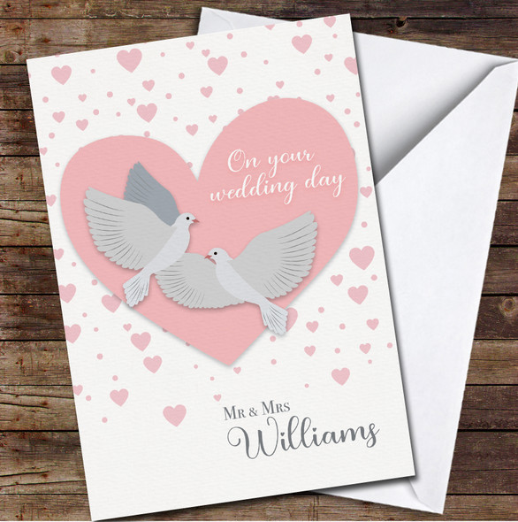 Baby Pink Heart Wedding Day White Doves Mr & Mrs Name Personalised Card