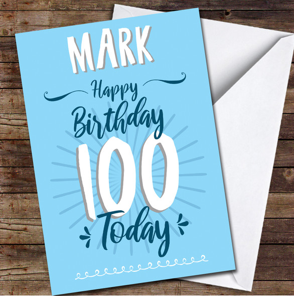 100th Birthday Male Blue Text Personalised Birthday Card