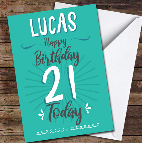 21st Birthday Turquoise Text Personalised Birthday Card
