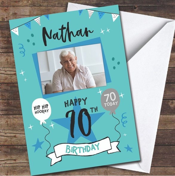 70th Birthday Male Turquoise Party Bright Photo Personalised Birthday Card