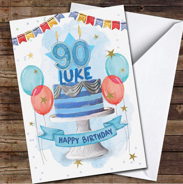 90th Nighty Male Blue Cake Painted Party Balloons Personalised Birthday Card