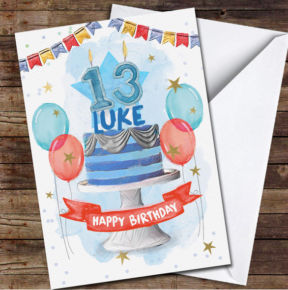 13th Thirteenth Boy Blue Teenager Cake Painted Party Balloons Birthday Card