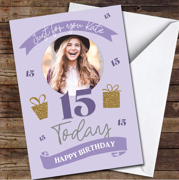 15th Today Birthday Girl Purple Gift Banner Photo Personalised Birthday Card