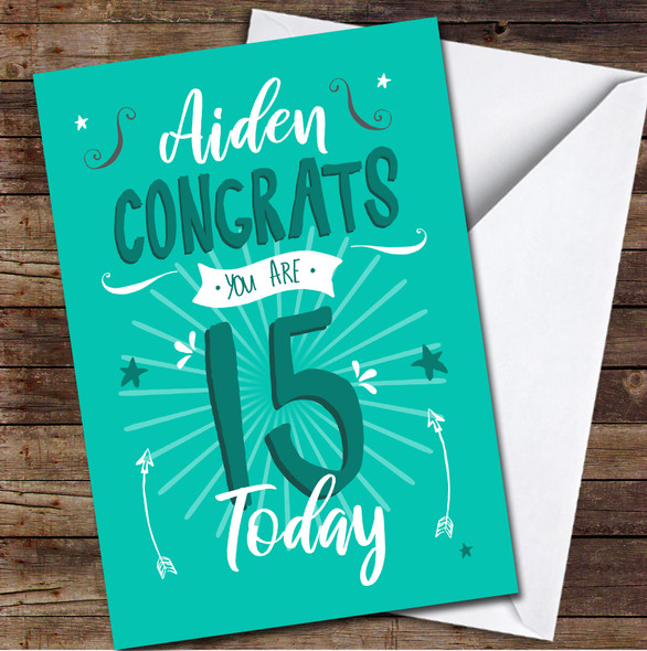 15th Birthday Boy Turquoise Text Personalised Birthday Card