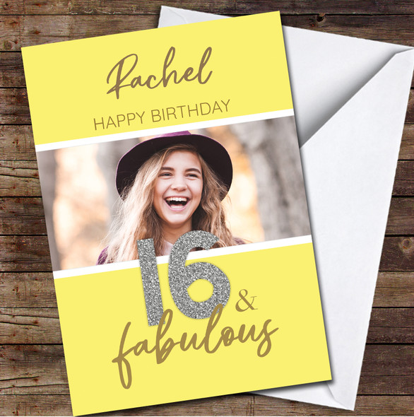 16th 16 & Fabulous Yellow Silver Glitter Photo Personalised Birthday Card