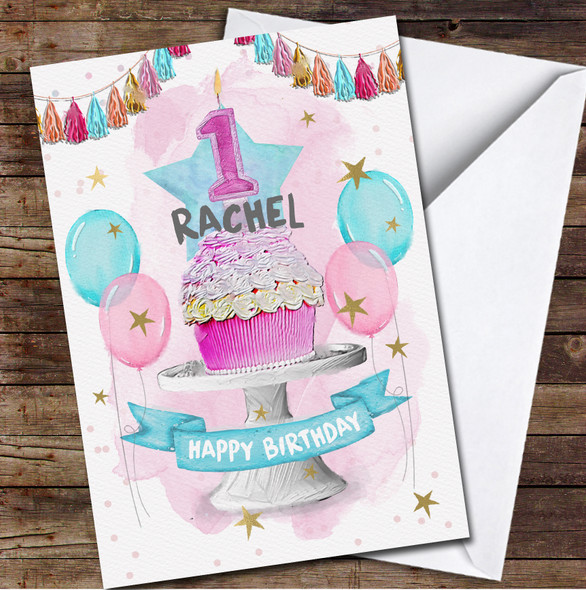 Pink Blue Cupcake & Balloons Children's Age 1 First 1st Birthday Card