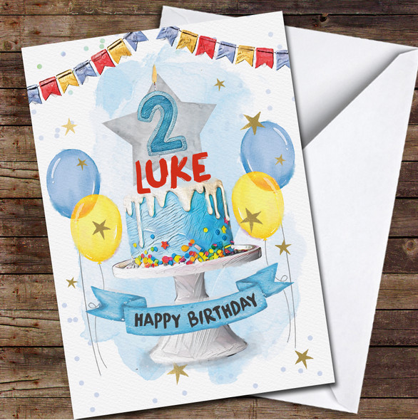 2nd Second Boy Blue Cake Painted Party Balloons Personalised Birthday Card