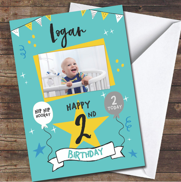 2nd Birthday Boy Turquoise Party Bright Photo Personalised Birthday Card