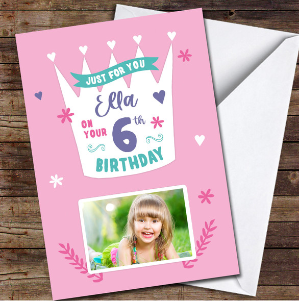 6th Birthday Girl Crown Princess Pink Gift Photo Personalised Birthday Card