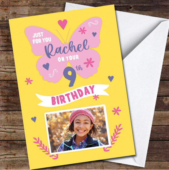 9th Birthday Girl Yellow Pink Butterfly Photo Personalised Birthday Card