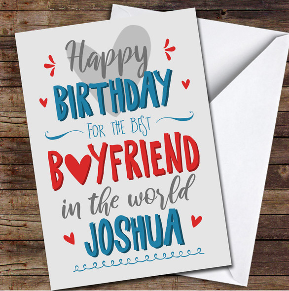 Best Boyfriend In The World Typographic Red Blue Grey Personalised Birthday Card