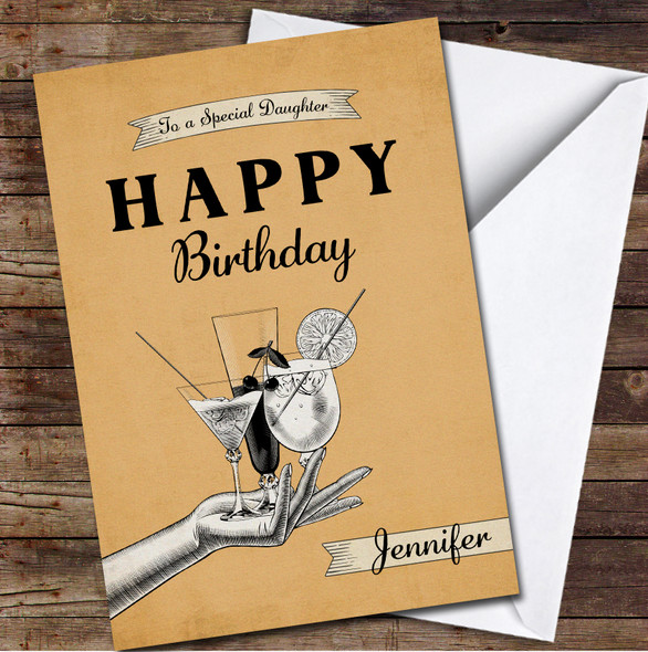 Daughter Birthday Orange Retro Hand Holding Cocktails Personalised Birthday Card